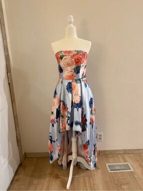 Strapless Floral High-Low Dress in Light Blue